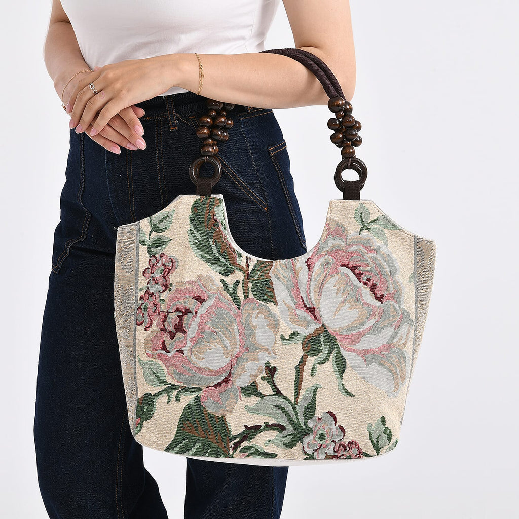 Rose Floral Print Jute Tote Bag - Beige & Rose
