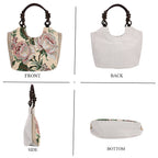 Rose Floral Print Jute Tote Bag - Beige & Rose