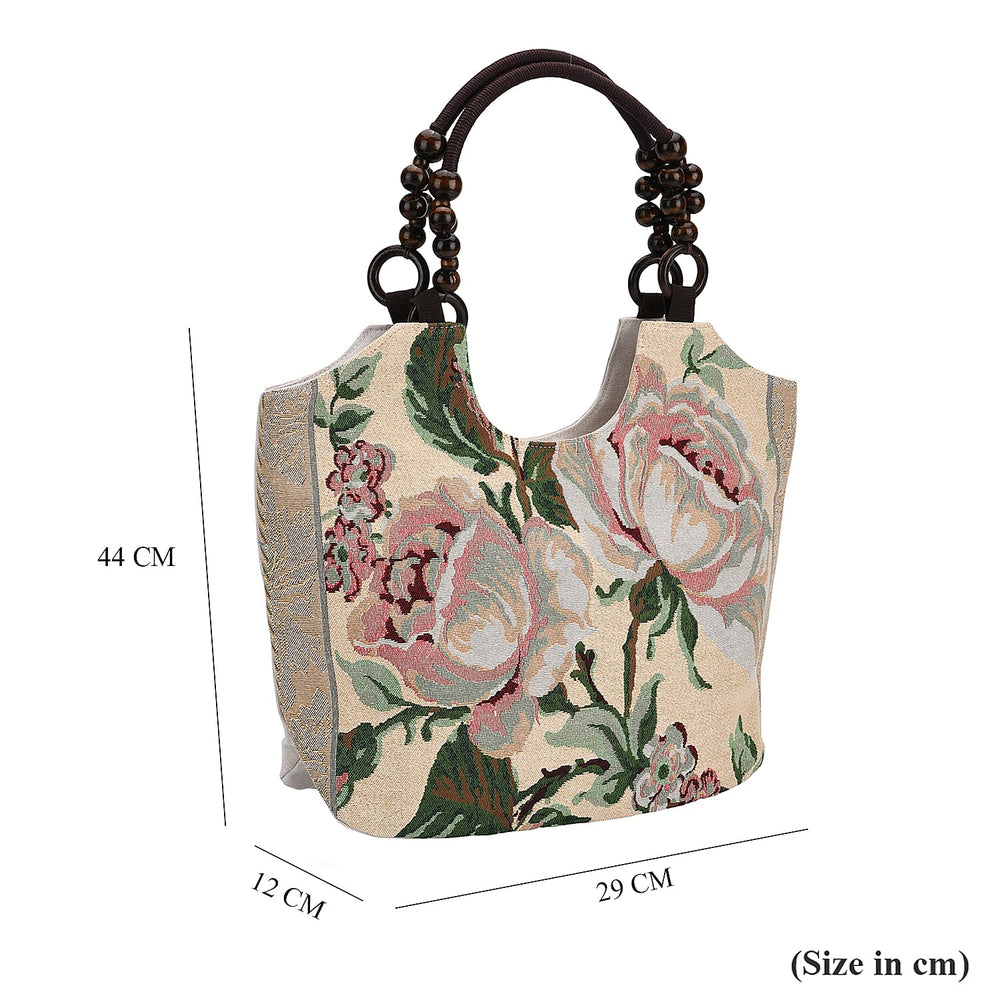 Rose Floral Print Jute Tote Bag - Beige & Rose
