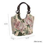 Rose Floral Print Jute Tote Bag - Beige & Rose