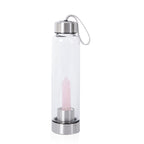 Rose Quartz Crystal Elixir Glass Water Bottle with Stainless Steel Cap (Size 25.5x6.5 Cm) with Travel Case - Holds 650ml
