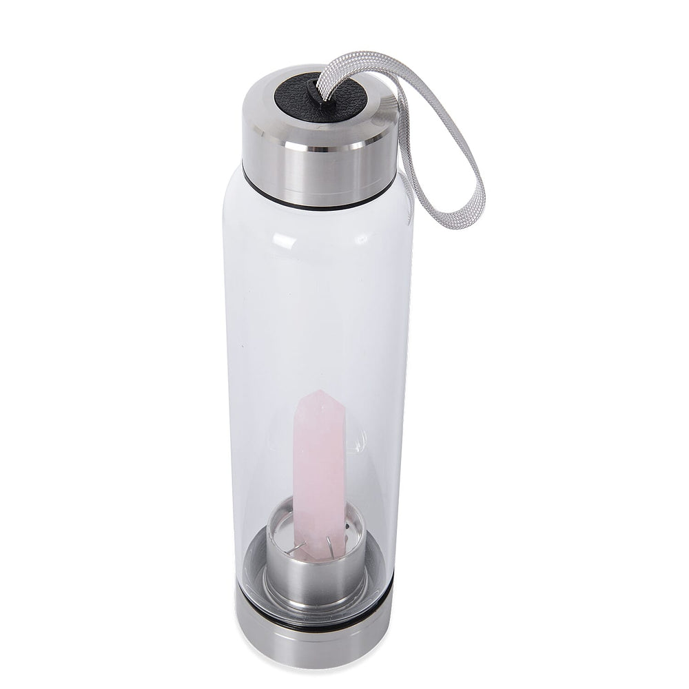 Rose Quartz Crystal Elixir Glass Water Bottle with Stainless Steel Cap (Size 25.5x6.5 Cm) with Travel Case - Holds 650ml