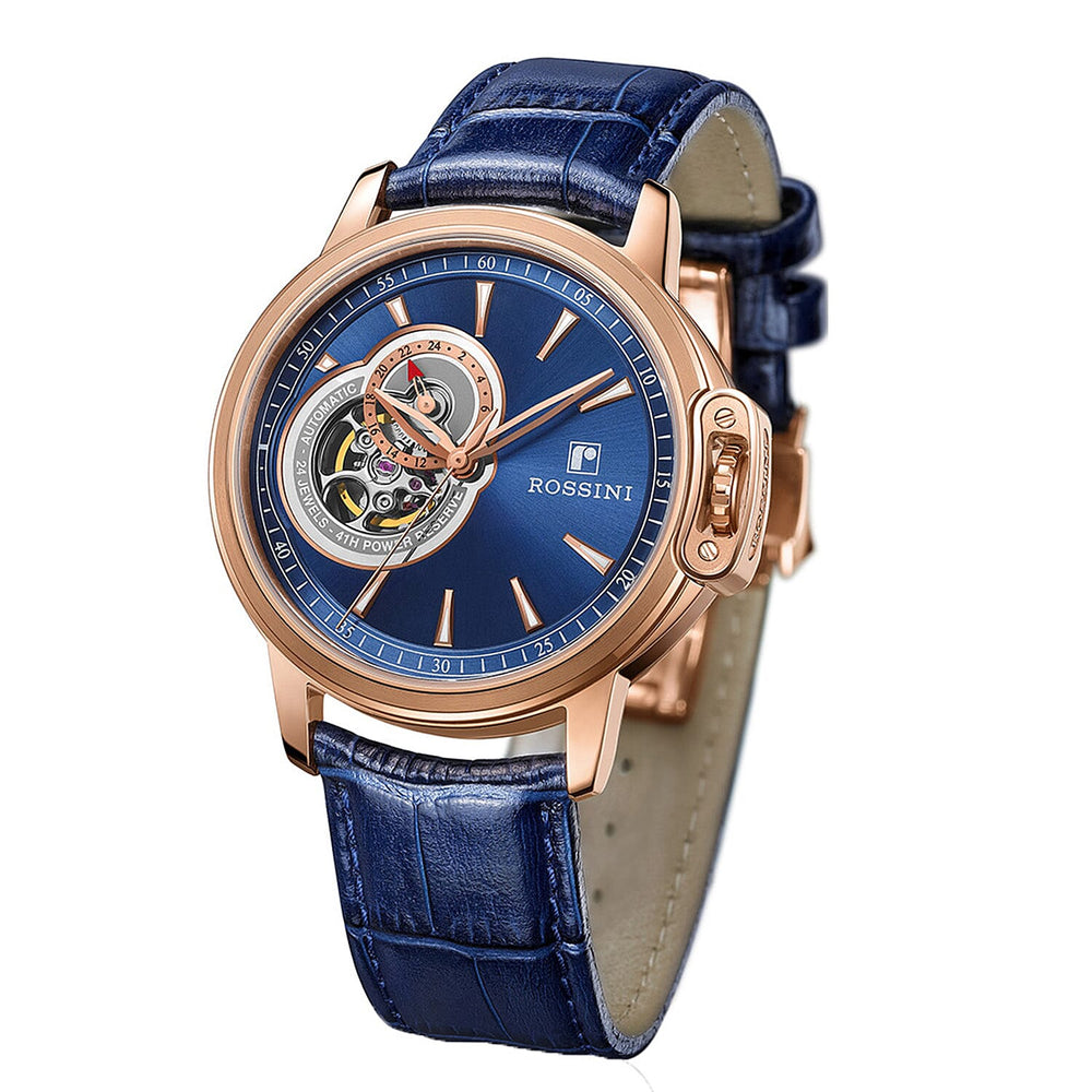Rossini Automatic Movt. 3ATM WR Blue Dial Rose Case Mens Watch with Blue Leather Strap