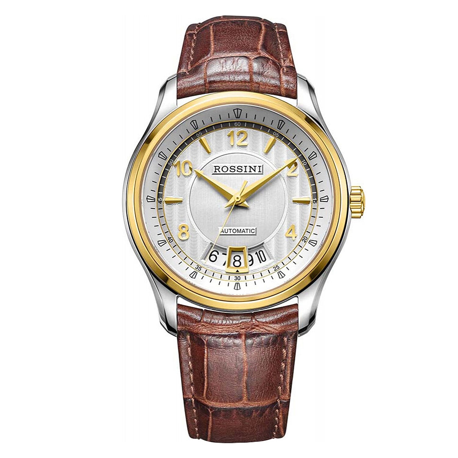 Rossini Automatic Movt. 3ATM WR Silver Dial Silver - Gold Case Mens Watch with Brown Leather Strap