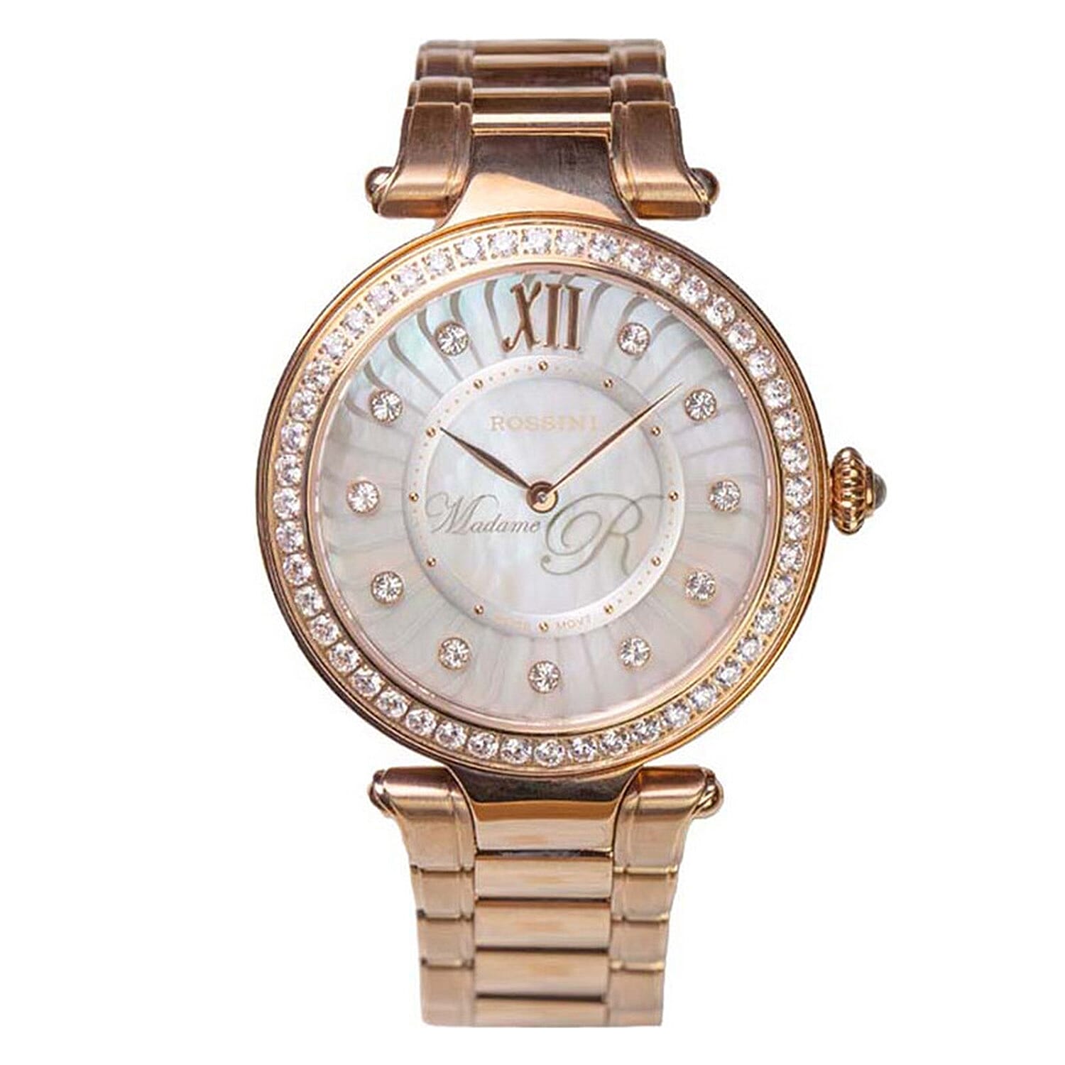 Rossini Quartz Movt. 3ATM WR White Mother of Pearl Dial Rose Case Ladies Watch with Rose Stainless Steel Strap