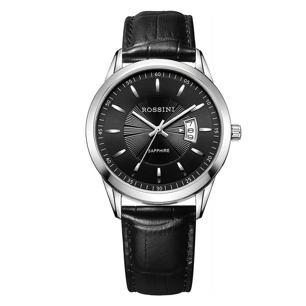 Rossini Quartz Movt. 3ATM WR Black Dial Silver Case Mens Watch with Black Leather Strap