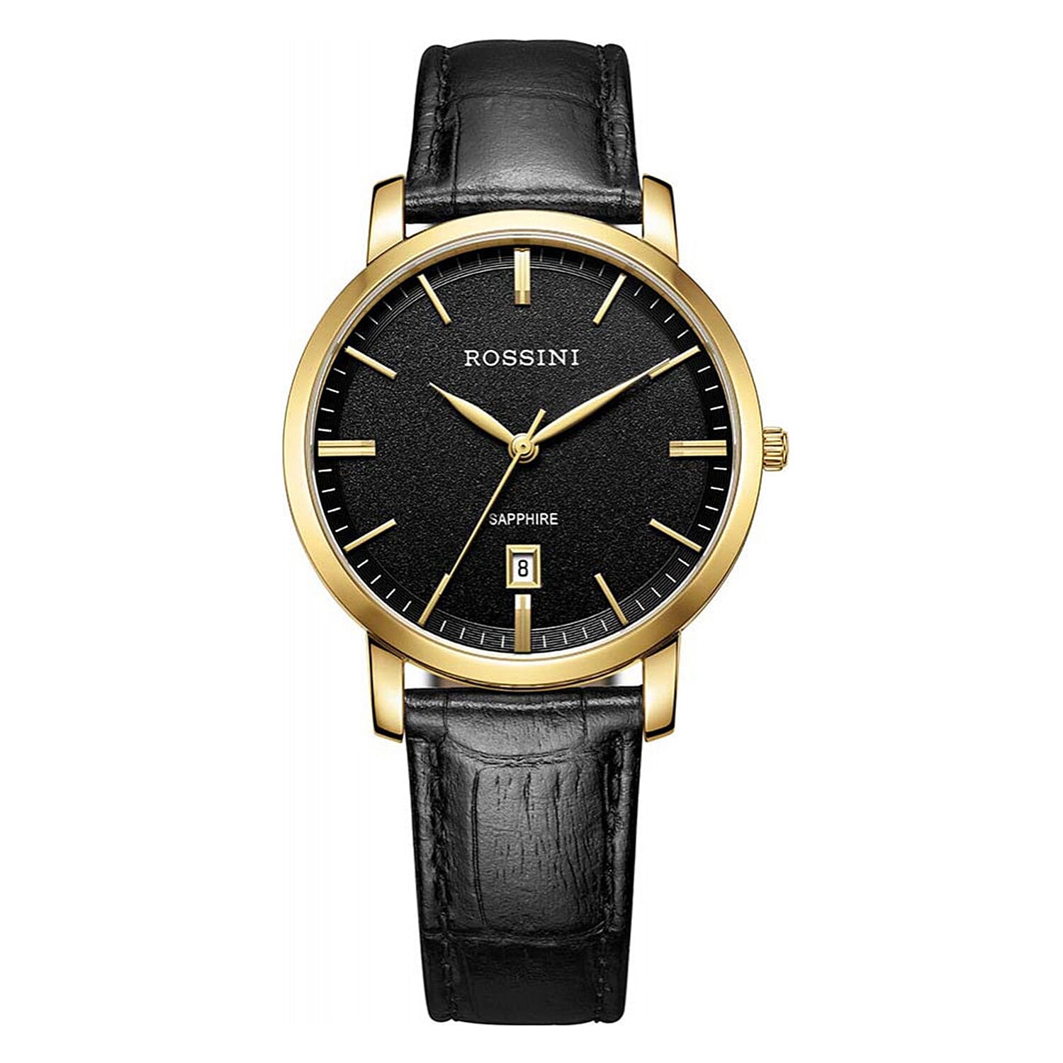 Rossini Quartz Movt. 3ATM WR Black Dial Gold Case Mens Watch with Black Leather Strap