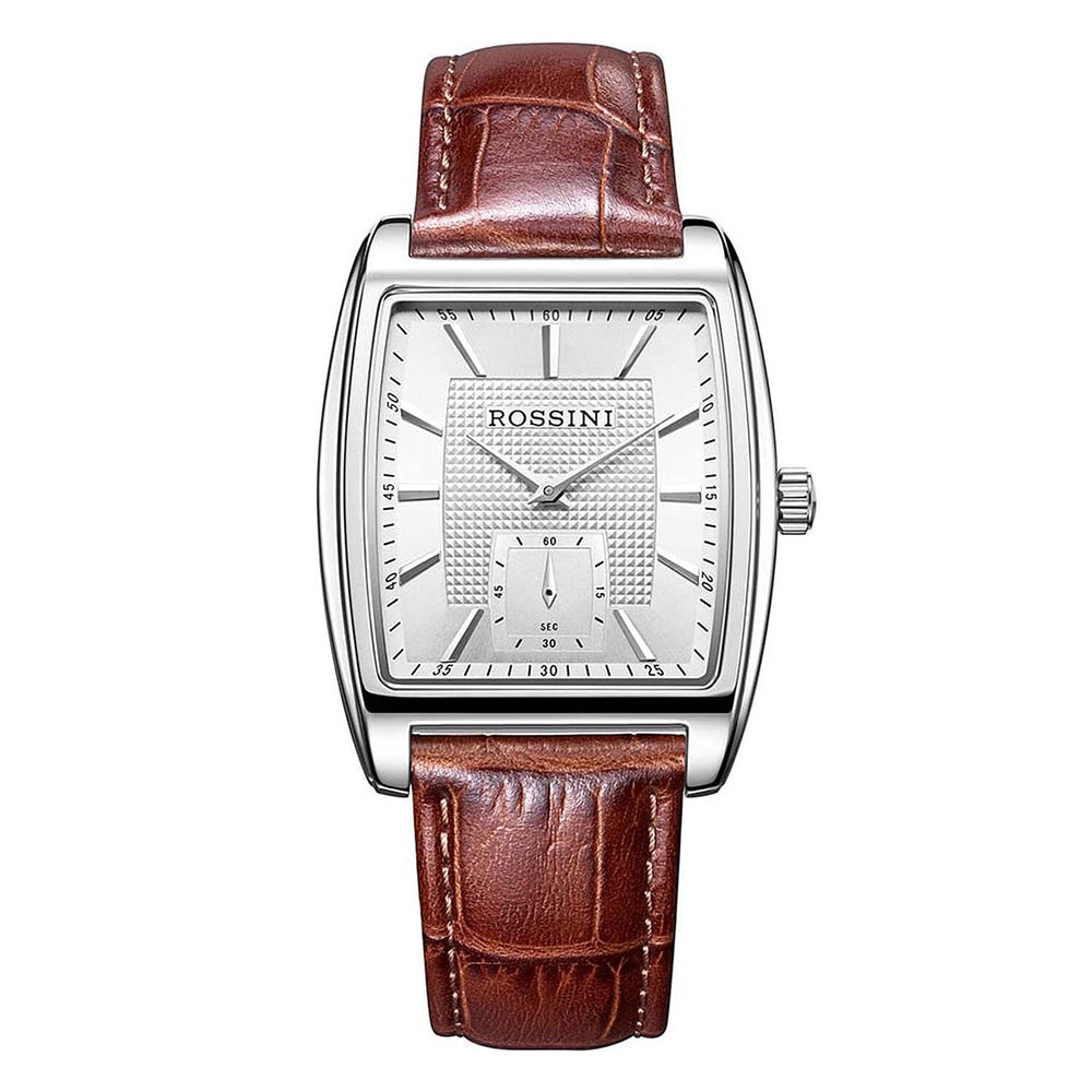 Rossini Quartz Movt. 3ATM WR Silver Dial Silver Case Mens Watch with Brown Leather Strap
