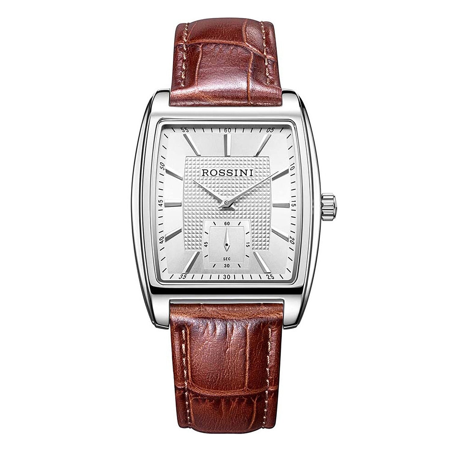 Rossini Quartz Movt. 3ATM WR Silver Dial Silver Case Mens Watch with Brown Leather Strap