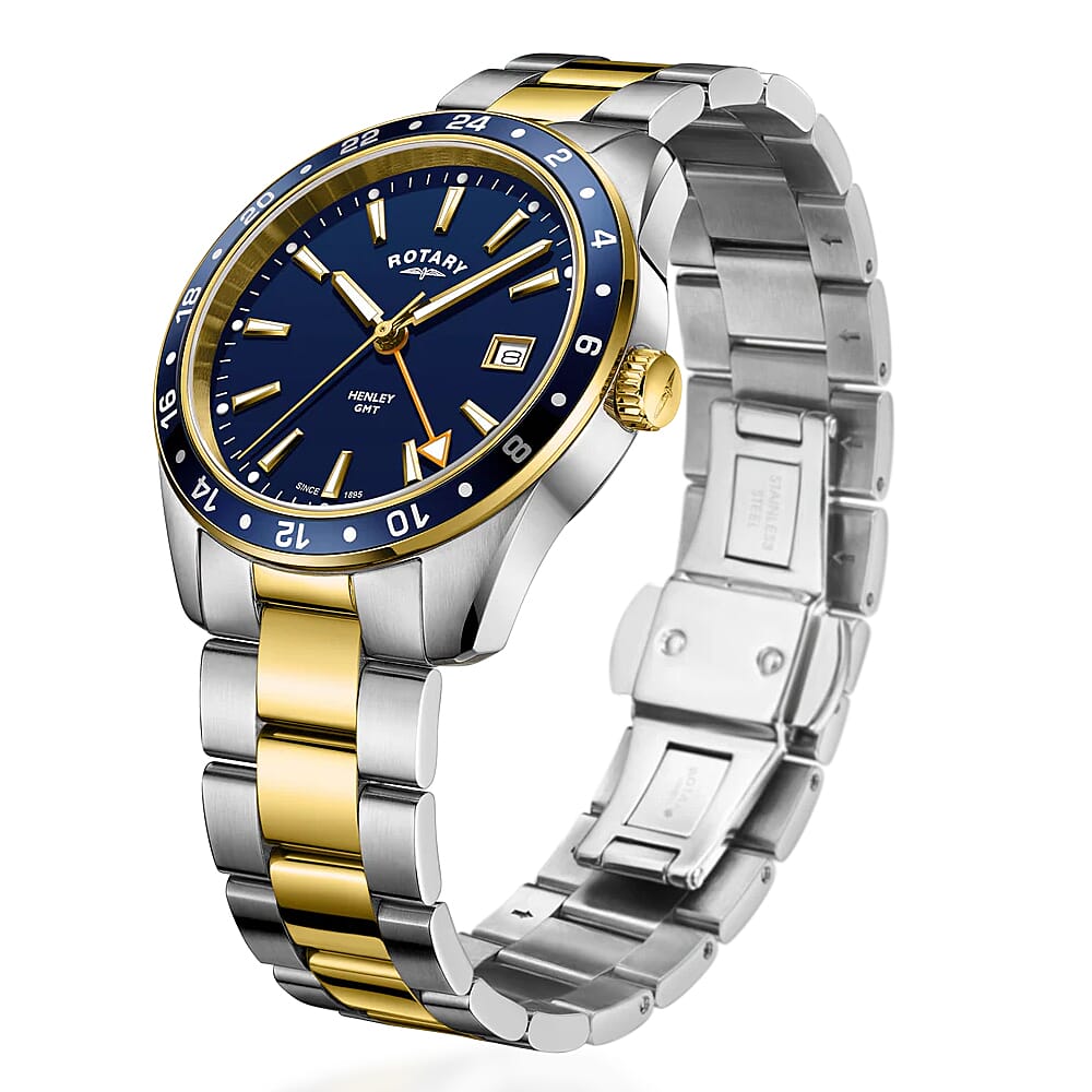 ROTARY Henley Quartz Movt. 10ATM Blue Dial Mens Watch with Two-Tone Stainless Steel Strap