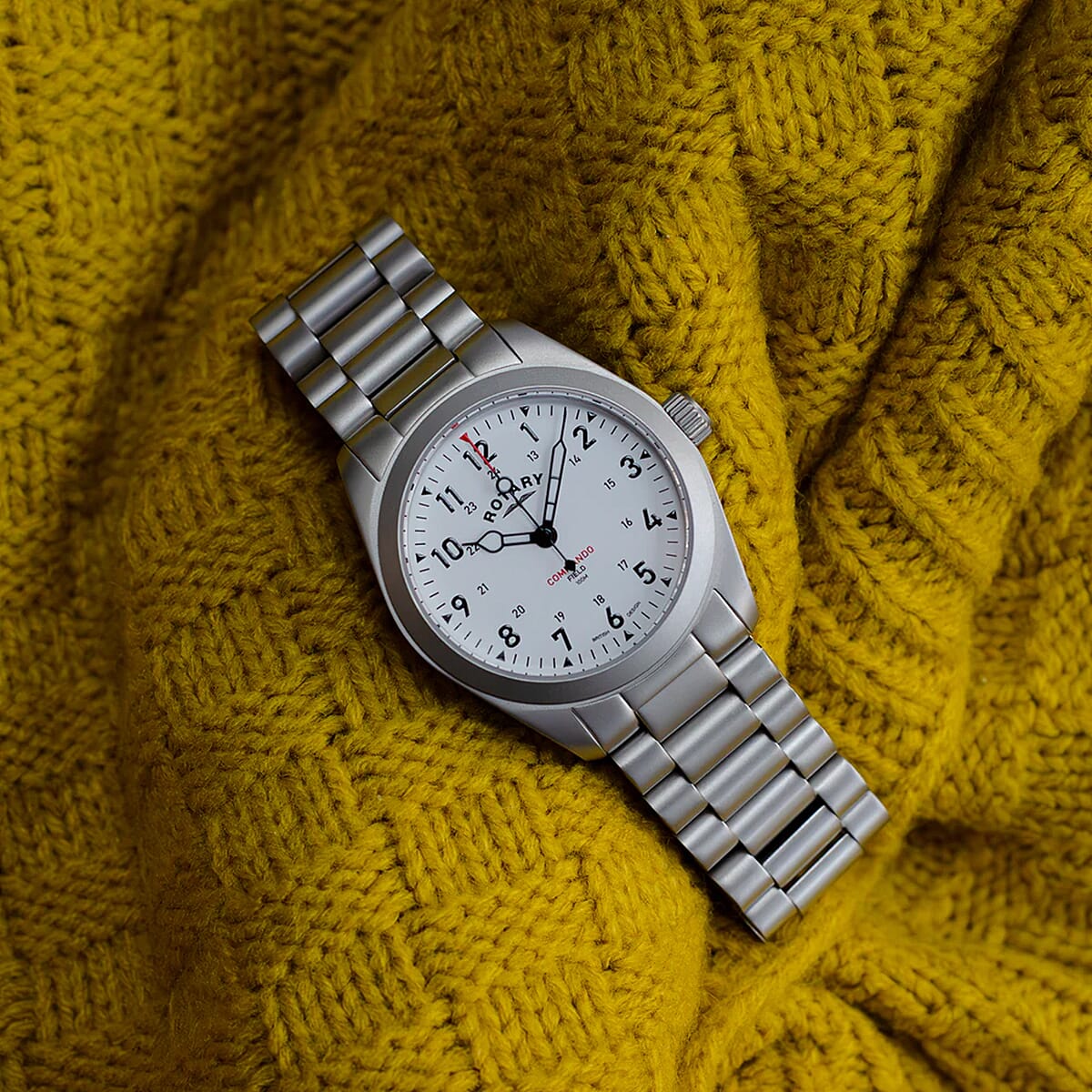 ROTARY Commando Field Quartz Movt. 10ATM White Dial Mens Watch with Stainless Steel Strap