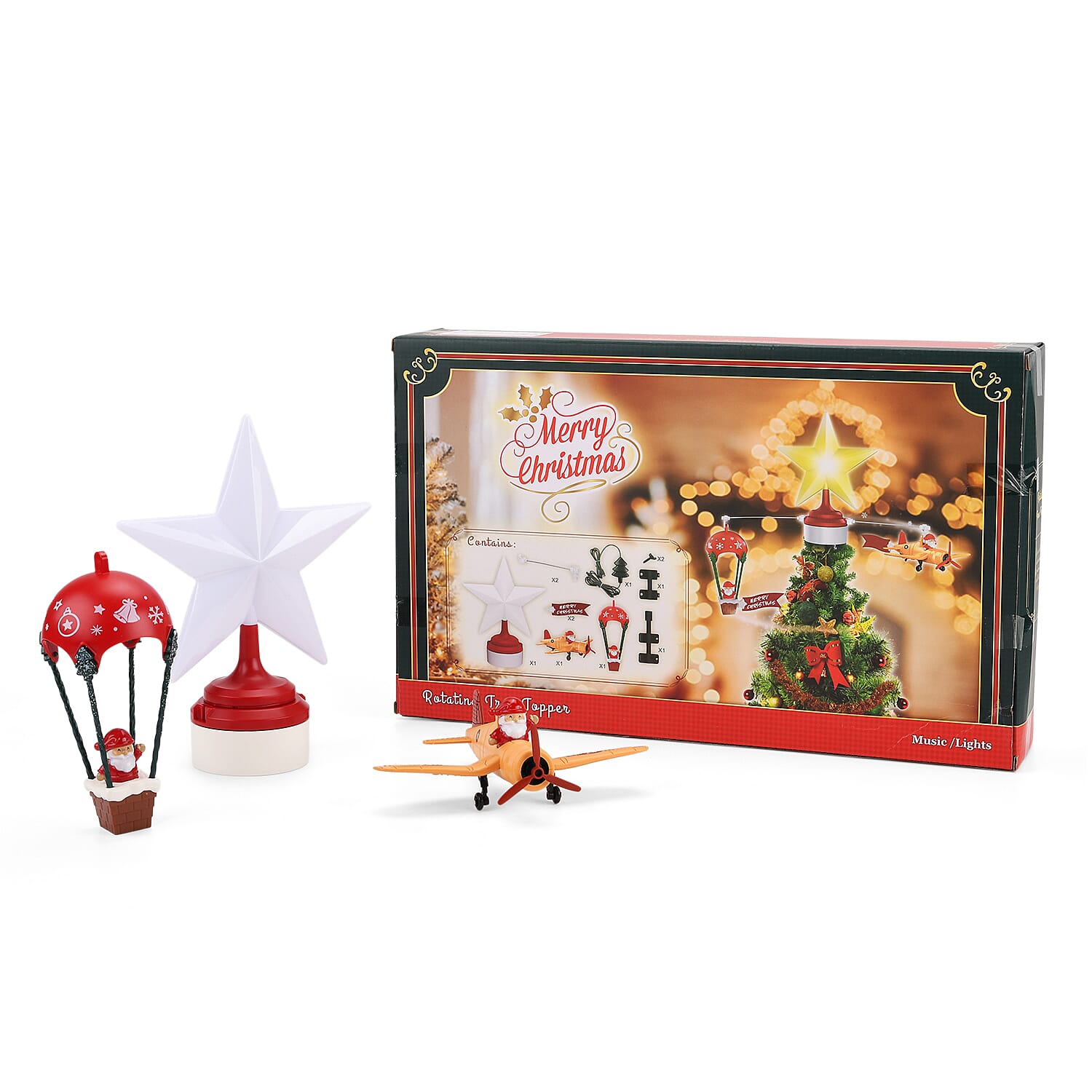 Rotating Christmas Air Balloon - Airplane Theme Music Box with Warm Lights - Red - White