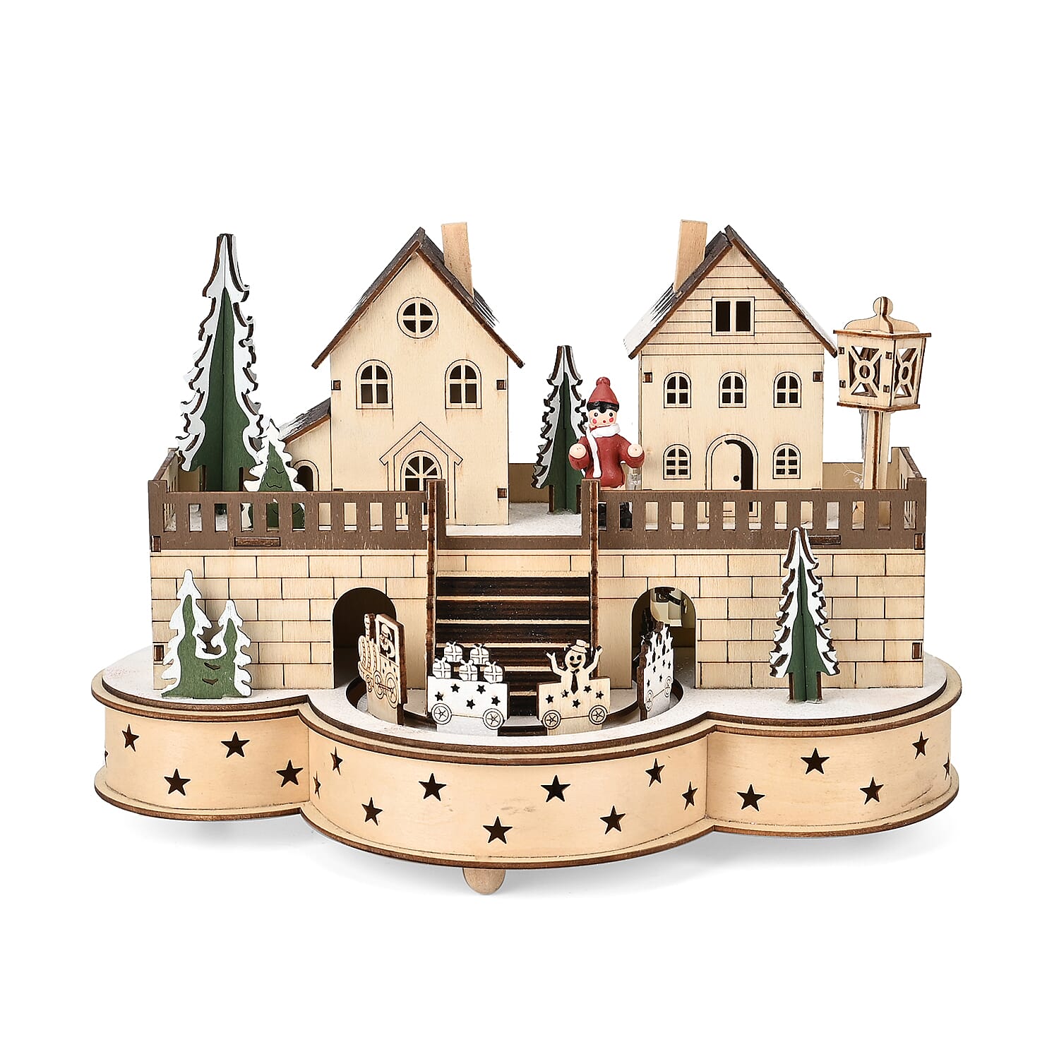 Rotating Plywood House with Music - 7 Warm LED Lights (Size-30x21x14cm) Requires 2xAA (Battery Not Inc.)
