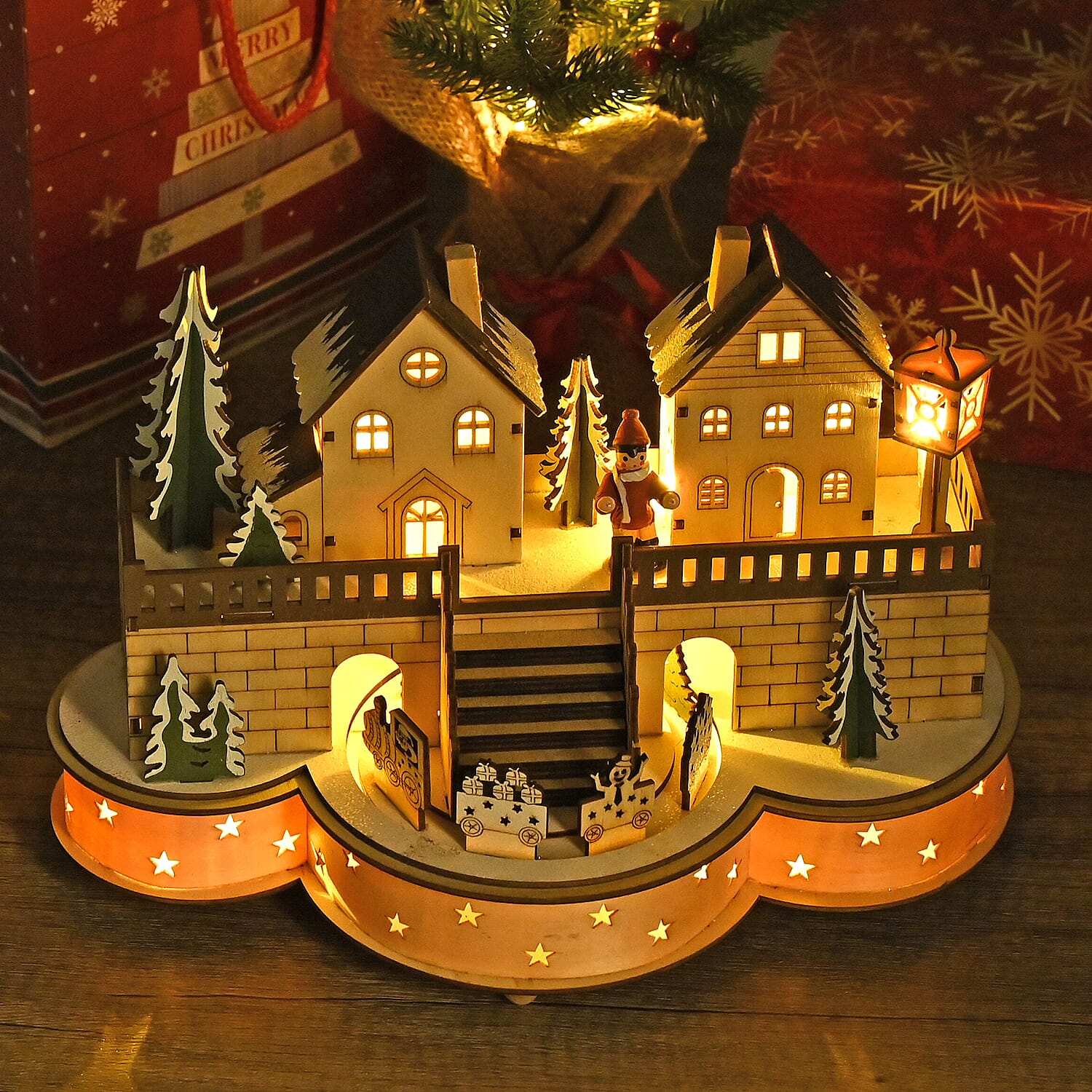Rotating Plywood House with Music - 7 Warm LED Lights (Size-30x21x14cm) Requires 2xAA (Battery Not Inc.)