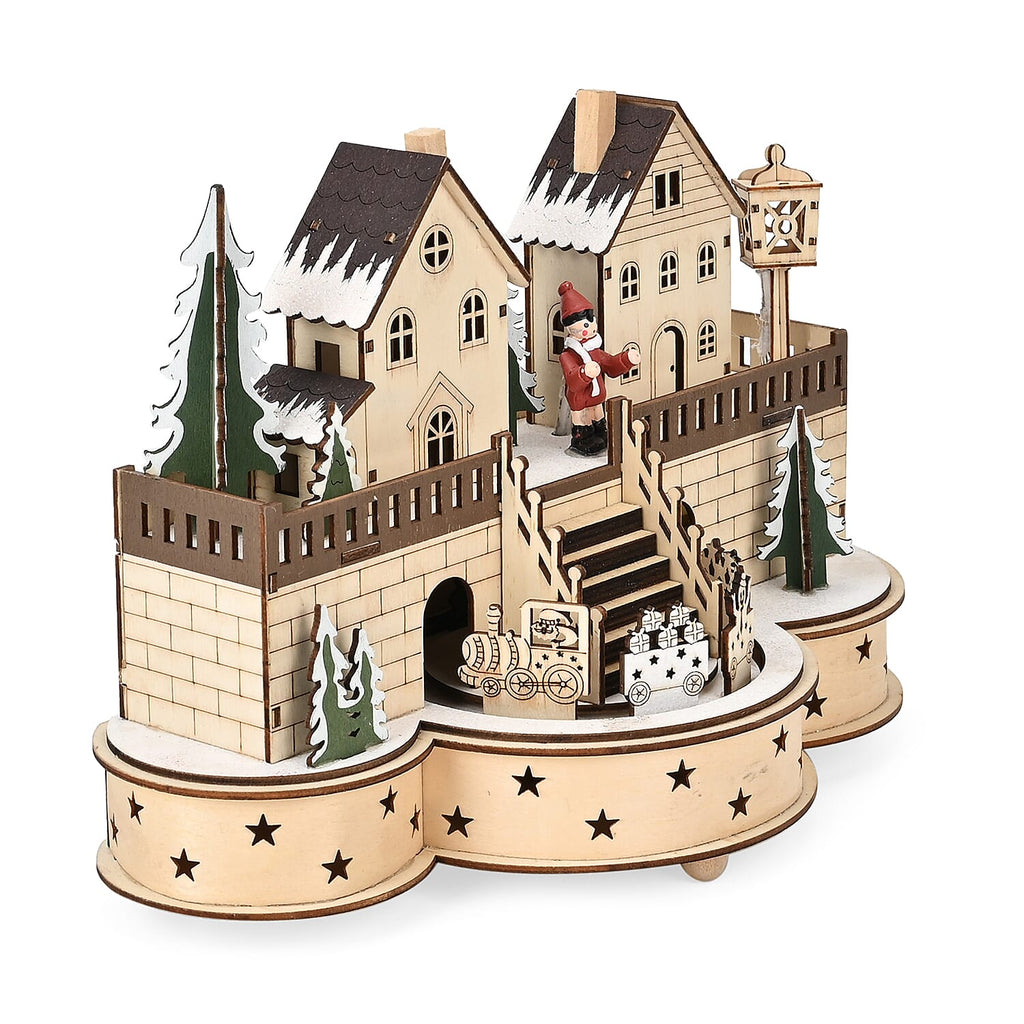 Rotating Plywood House with Music - 7 Warm LED Lights (Size-30x21x14cm) Requires 2xAA (Battery Not Inc.)