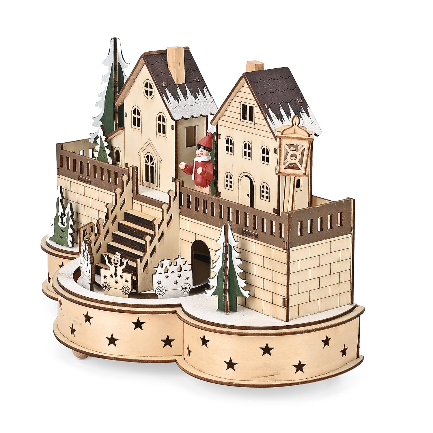 Rotating Plywood House with Music - 7 Warm LED Lights (Size-30x21x14cm) Requires 2xAA (Battery Not Inc.)