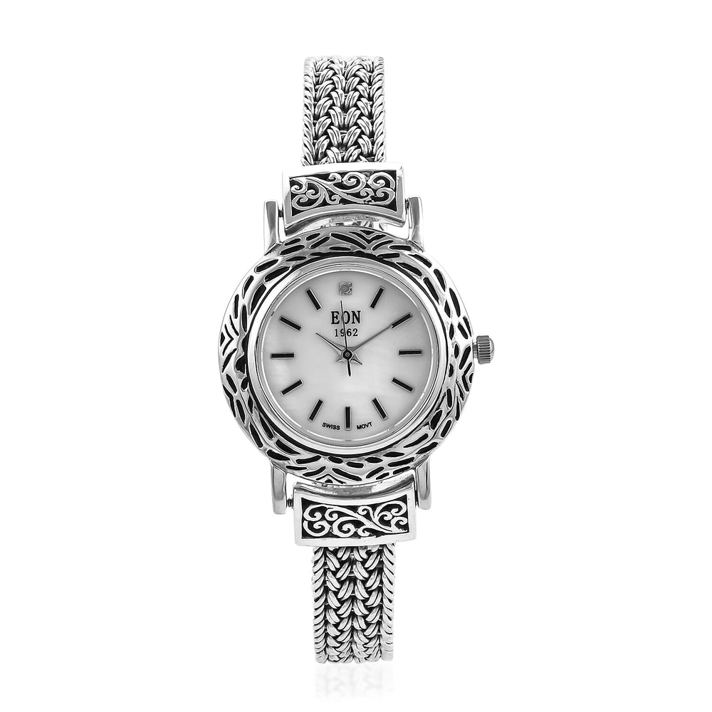 Royal Bali Collection EON 1962 Swiss Movement Water Resistant Watch (Size 6.75) with Mother of Pearl Dial in Sterling Silver, Silver Wt. 41.00 Gms