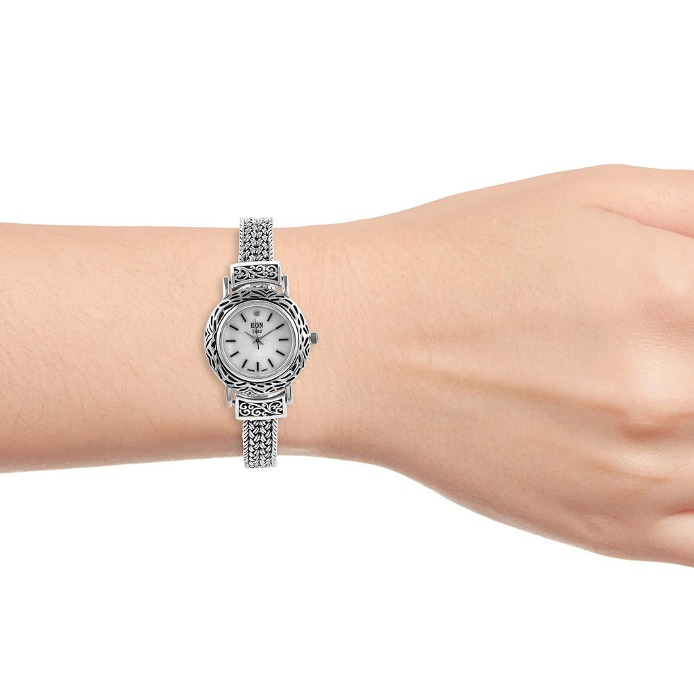 Royal Bali Collection EON 1962 Swiss Movement Water Resistant Watch (Size 6.75) with Mother of Pearl Dial in Sterling Silver, Silver Wt. 41.00 Gms