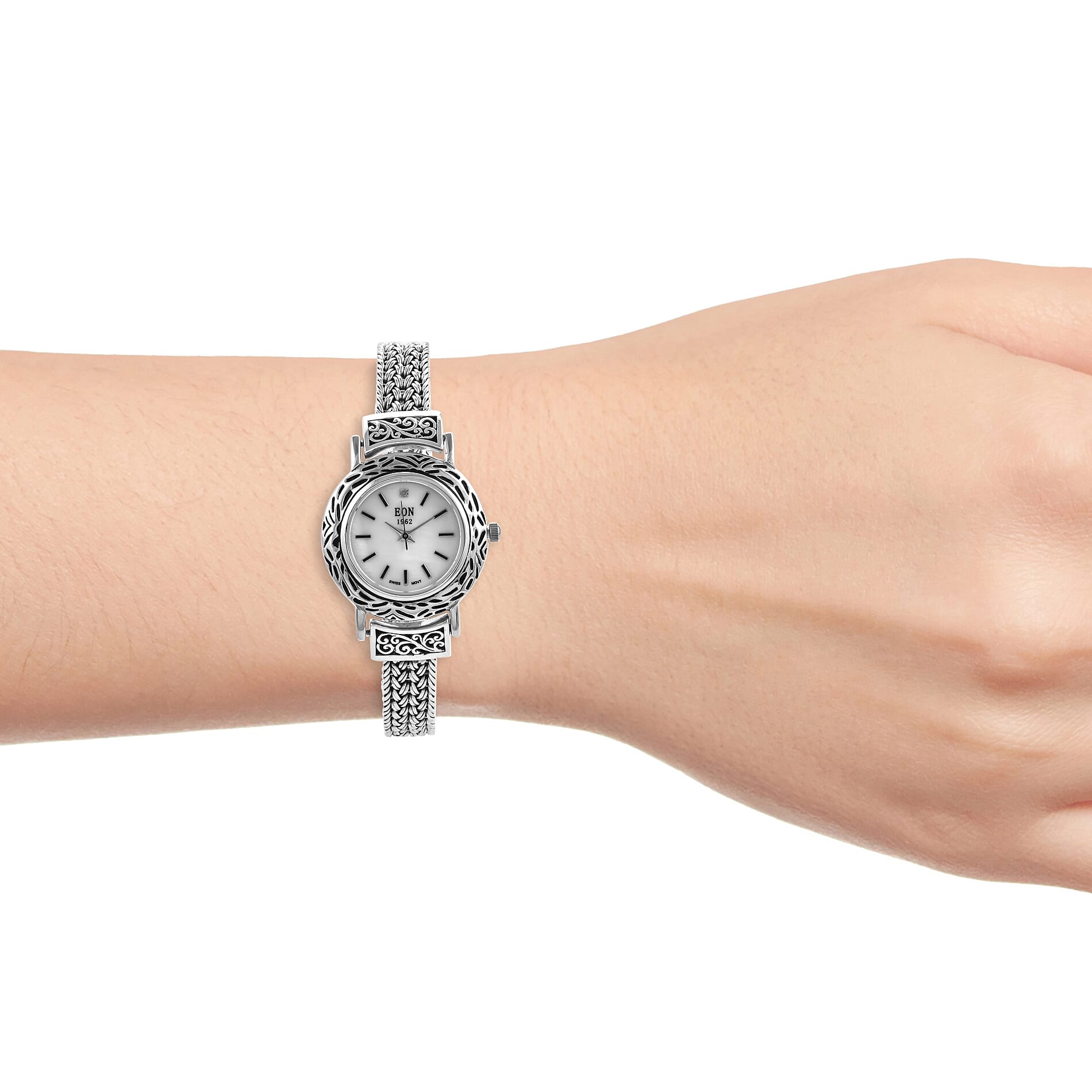 Royal Bali Collection EON 1962 Swiss Movement Water Resistant Watch (Size 6.75) with Mother of Pearl Dial in Sterling Silver, Silver Wt. 41.00 Gms