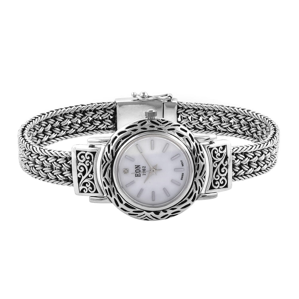 Royal Bali Collection EON 1962 Swiss Movement Water Resistant Watch (Size 6.75) with Mother of Pearl Dial in Sterling Silver, Silver Wt. 41.00 Gms