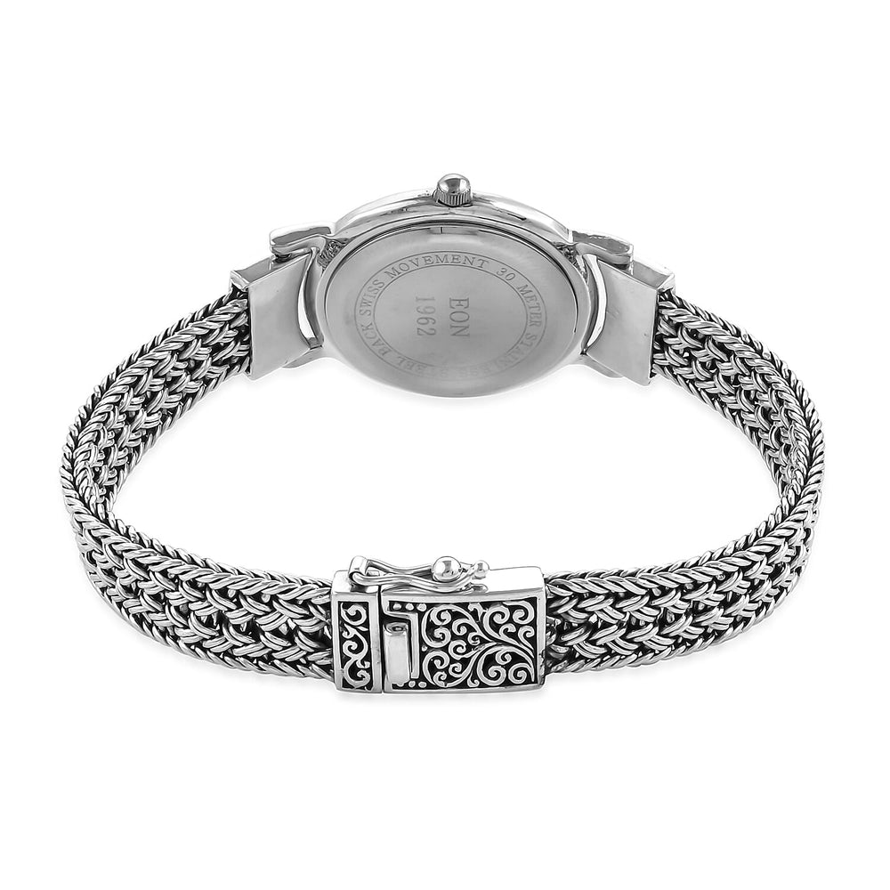 Royal Bali Collection EON 1962 Swiss Movement Water Resistant Watch (Size 6.75) with Mother of Pearl Dial in Sterling Silver, Silver Wt. 41.00 Gms