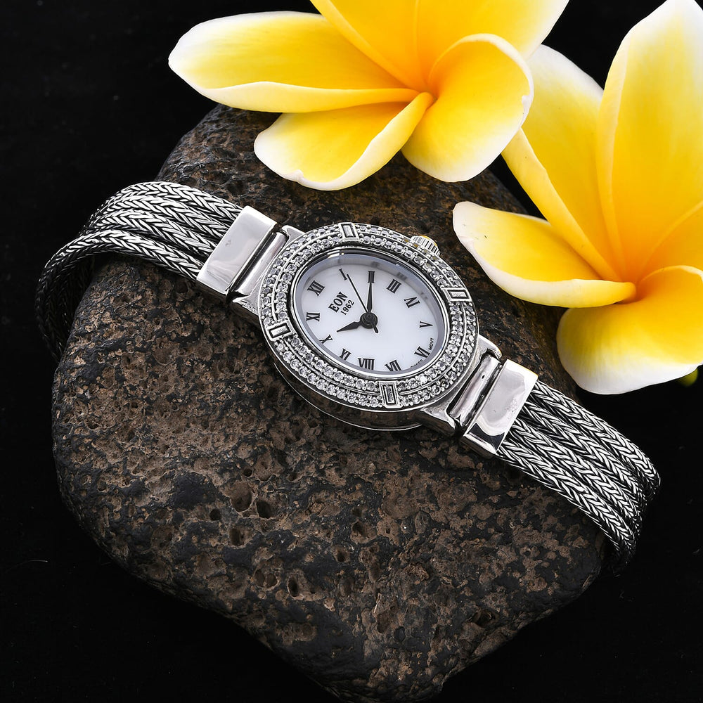 Royal Bali Collection - EON 1962 Swiss Movement White Topaz Studded Water Resistant Tulang Naga Bracelet Watch (Size 7.25) in Sterling Silver 1.23 Ct, Silver wt 35.00 Gms