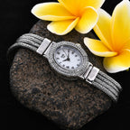 Royal Bali Collection - EON 1962 Swiss Movement White Topaz Studded Water Resistant Tulang Naga Bracelet Watch (Size 7.25) in Sterling Silver 1.23 Ct, Silver wt 35.00 Gms