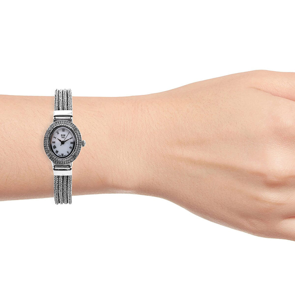 Royal Bali Collection - EON 1962 Swiss Movement White Topaz Studded Water Resistant Tulang Naga Bracelet Watch (Size 7.25) in Sterling Silver 1.23 Ct, Silver wt 35.00 Gms