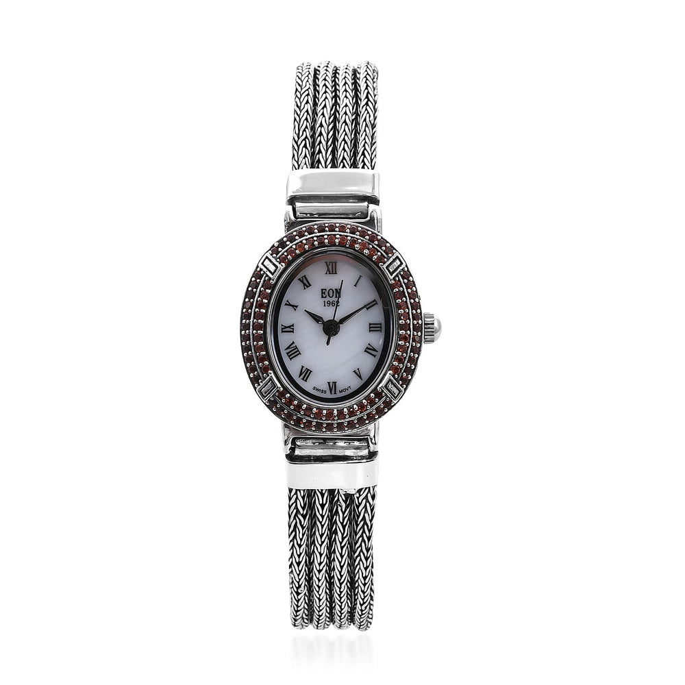 Royal Bali Collection - EON 1962 Swiss Movement Mozambique Garnet Studded Water Resistant Tulang Naga Bracelet Watch (Size 7.25) in Sterling Silver 1.23 Ct, Silver wt 32.97 Gms