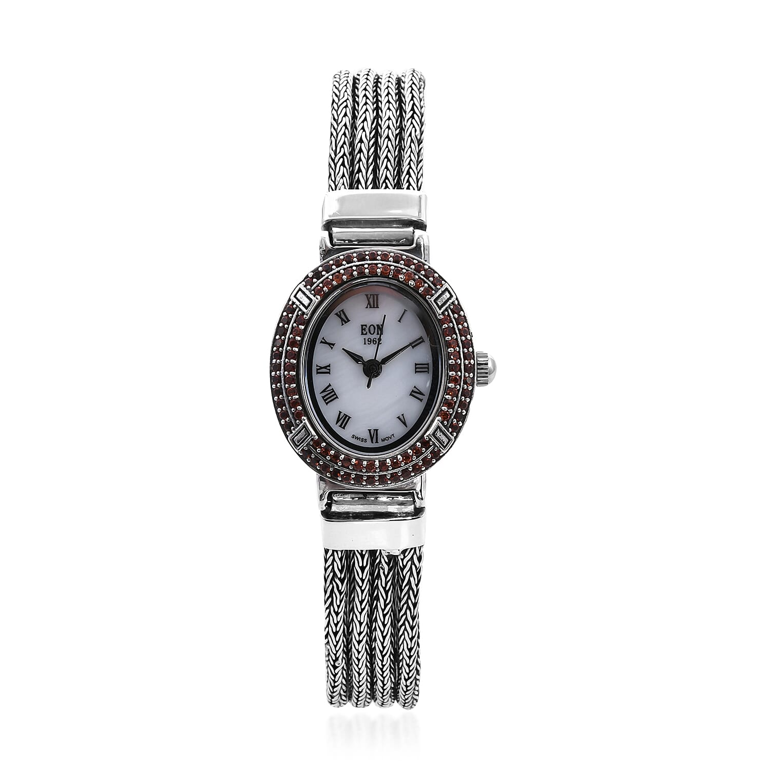 Royal Bali Collection - EON 1962 Swiss Movement Mozambique Garnet Studded Water Resistant Tulang Naga Bracelet Watch (Size 7.25) in Sterling Silver 1.23 Ct, Silver wt 32.97 Gms