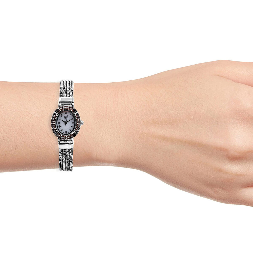 Royal Bali Collection - EON 1962 Swiss Movement Mozambique Garnet Studded Water Resistant Tulang Naga Bracelet Watch (Size 7.25) in Sterling Silver 1.23 Ct, Silver wt 32.97 Gms