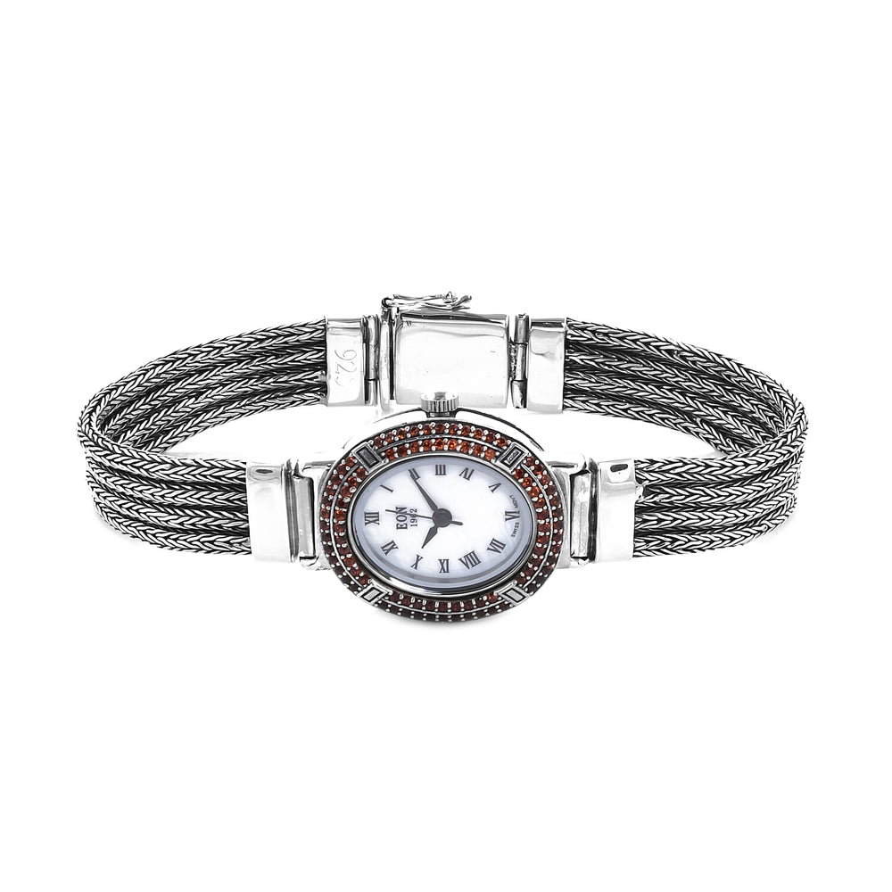 Royal Bali Collection - EON 1962 Swiss Movement Mozambique Garnet Studded Water Resistant Tulang Naga Bracelet Watch (Size 7.25) in Sterling Silver 1.23 Ct, Silver wt 32.97 Gms
