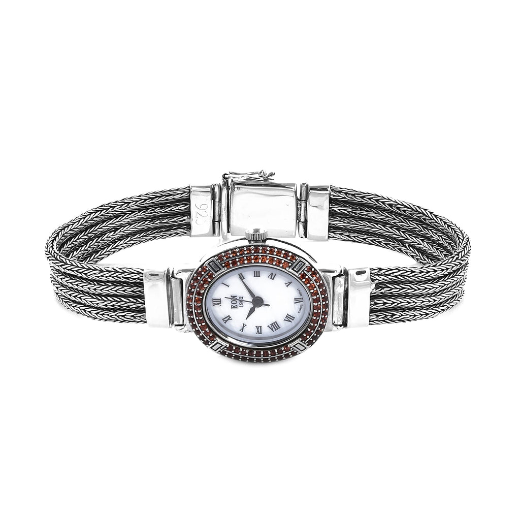 Royal Bali Collection - EON 1962 Swiss Movement Mozambique Garnet Studded Water Resistant Tulang Naga Bracelet Watch (Size 7.25) in Sterling Silver 1.23 Ct, Silver wt 32.97 Gms