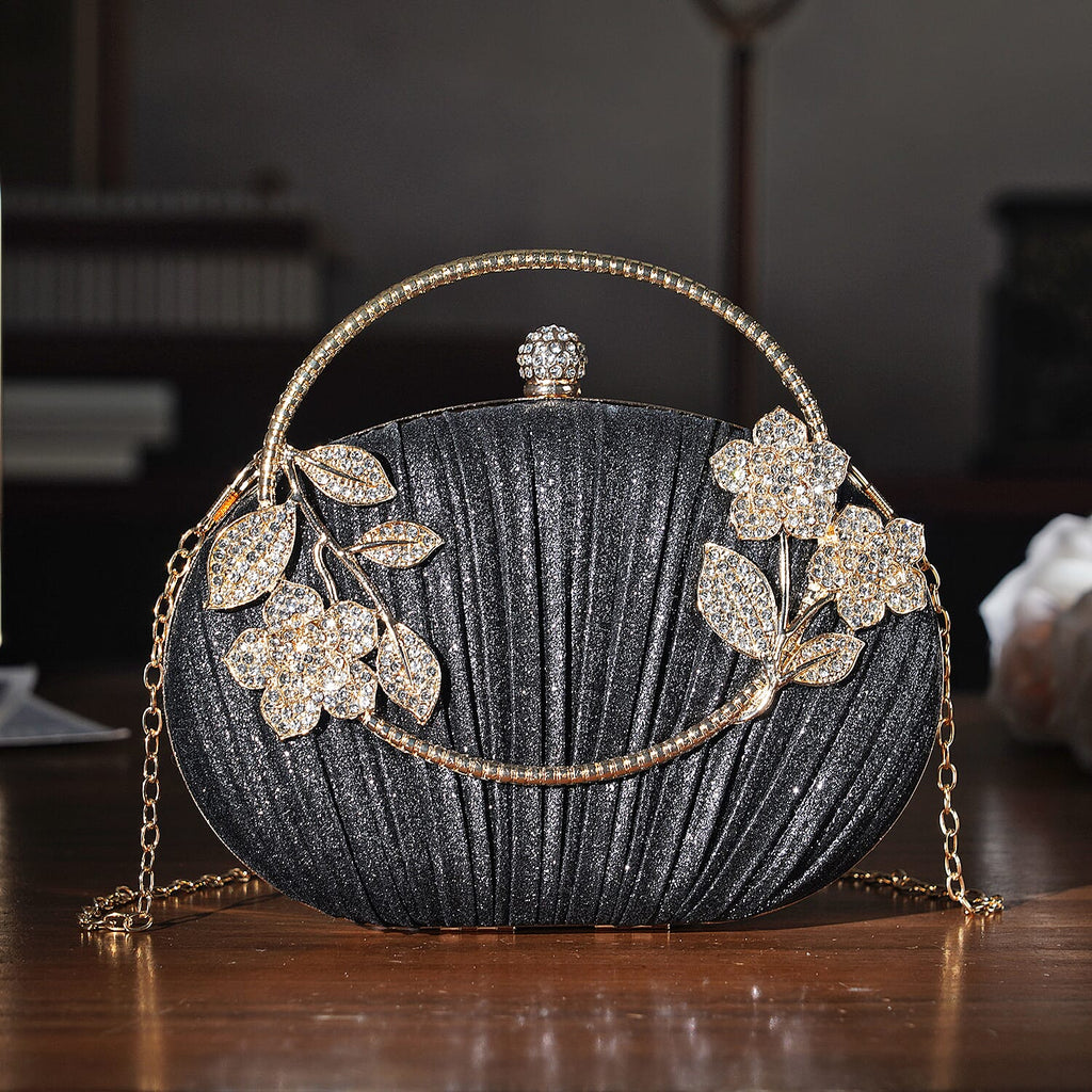 Ruched Crystal Flower Embellished Clutch Bag with Gold Handle - Black