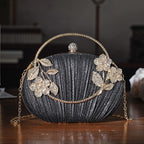 Ruched Crystal Flower Embellished Clutch Bag with Gold Handle - Black