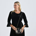 Ruched Crystal Flower Embellished Clutch Bag with Gold Handle - Black