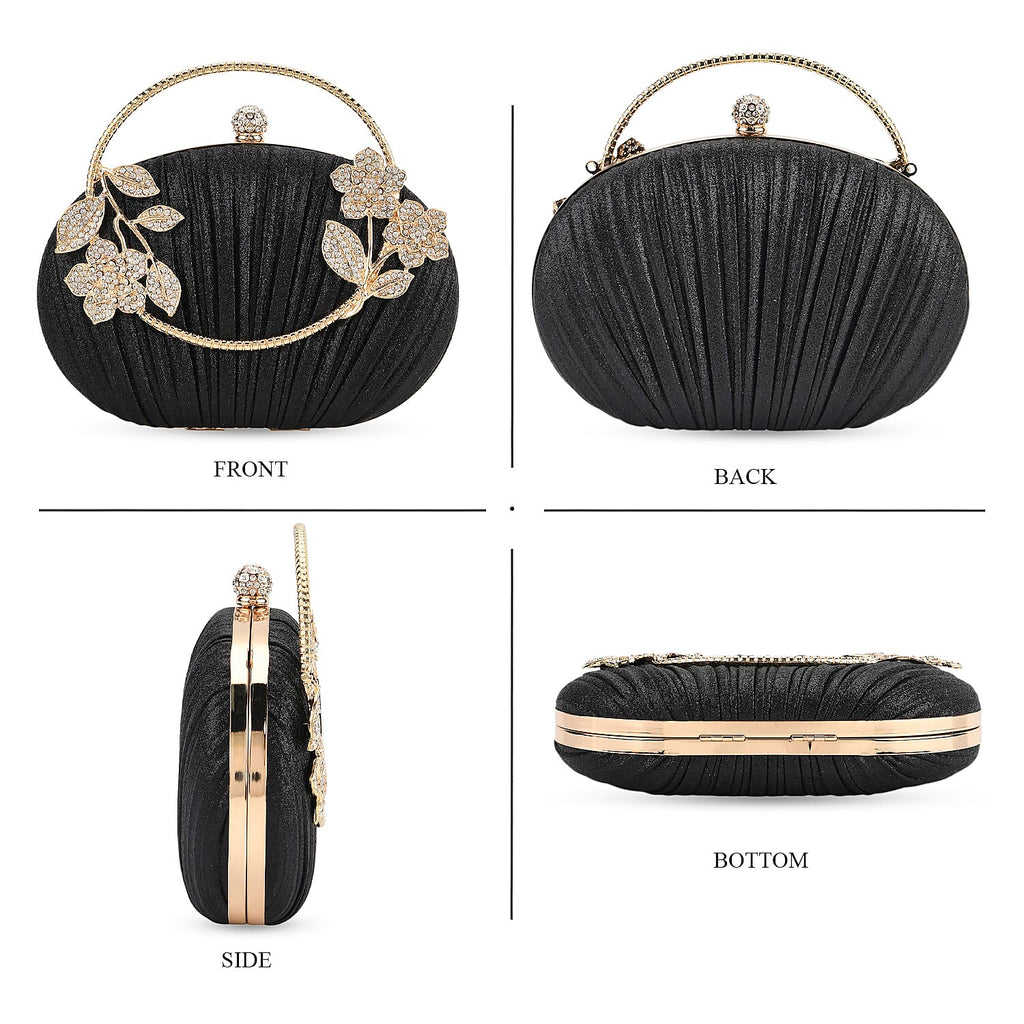 Ruched Crystal Flower Embellished Clutch Bag with Gold Handle - Black