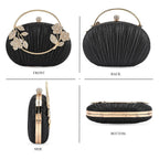 Ruched Crystal Flower Embellished Clutch Bag with Gold Handle - Black