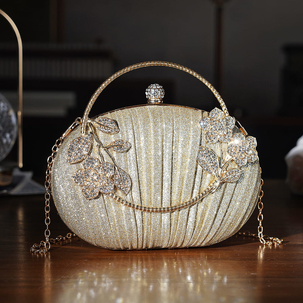 Ruched Crystal Flower Embellished Clutch Bag with Gold Handle - Gold