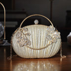 Ruched Crystal Flower Embellished Clutch Bag with Gold Handle - Gold