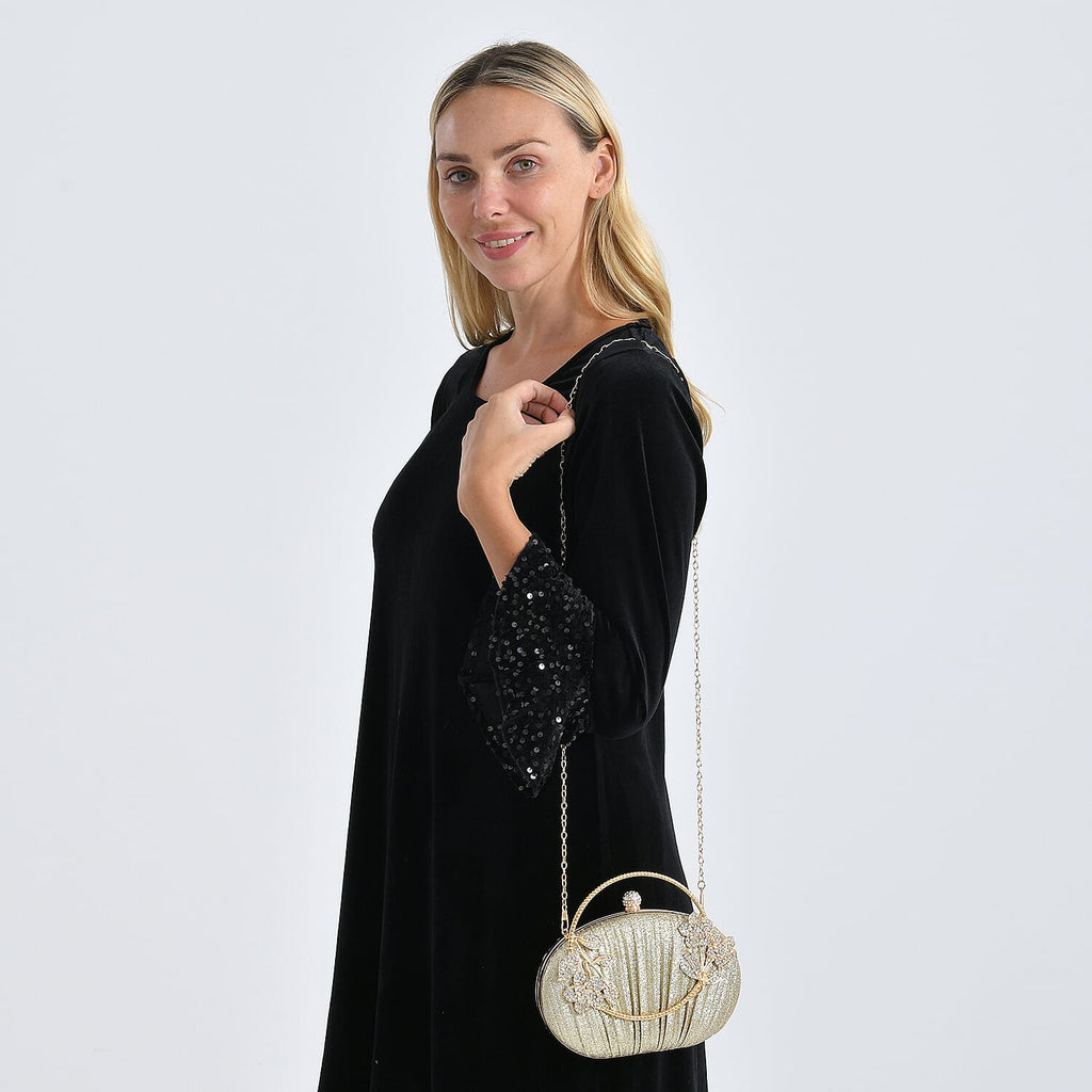 Ruched Crystal Flower Embellished Clutch Bag with Gold Handle - Gold