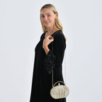 Ruched Crystal Flower Embellished Clutch Bag with Gold Handle - Gold