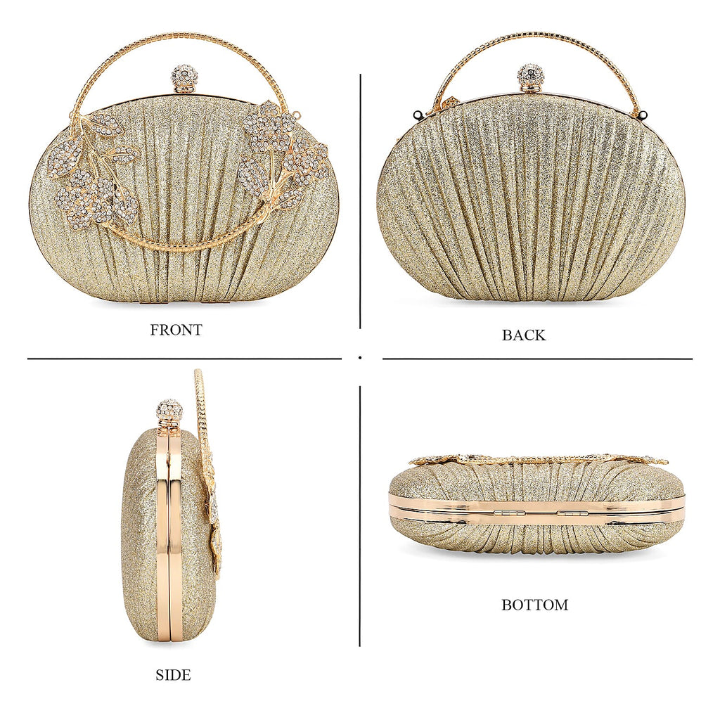 Ruched Crystal Flower Embellished Clutch Bag with Gold Handle - Gold