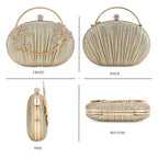 Ruched Crystal Flower Embellished Clutch Bag with Gold Handle - Gold