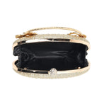 Ruched Crystal Flower Embellished Clutch Bag with Gold Handle - Gold