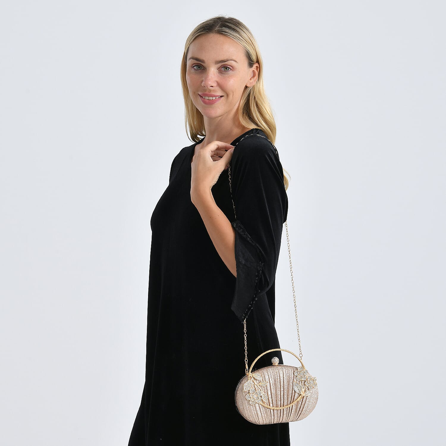 Ruched Crystal Flower Embellished Clutch Bag with Gold Handle - Rose Gold