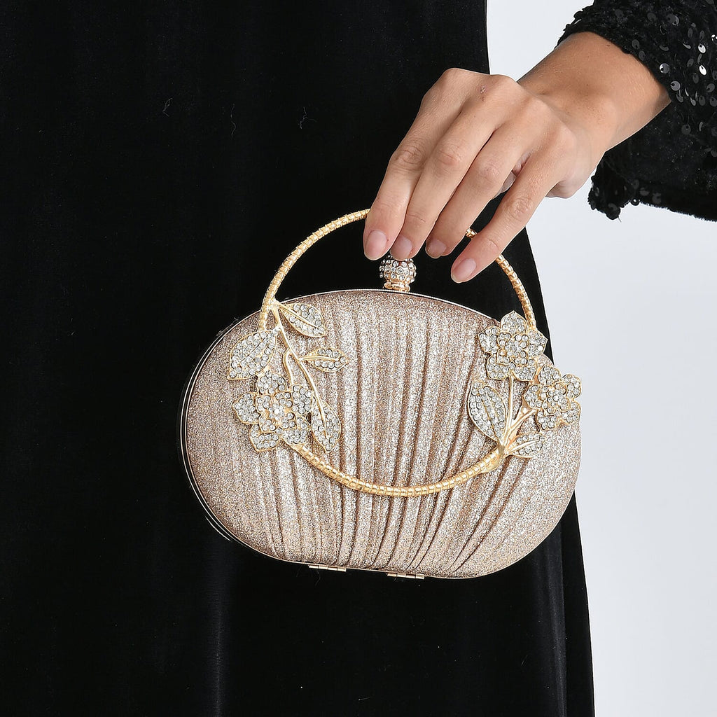 Ruched Crystal Flower Embellished Clutch Bag with Gold Handle - Rose Gold