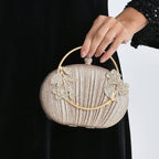 Ruched Crystal Flower Embellished Clutch Bag with Gold Handle - Rose Gold