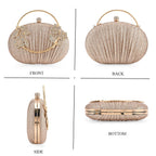 Ruched Crystal Flower Embellished Clutch Bag with Gold Handle - Rose Gold