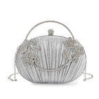 Ruched Crystal Flower Embellished Clutch Bag with Gold Handle - Silver